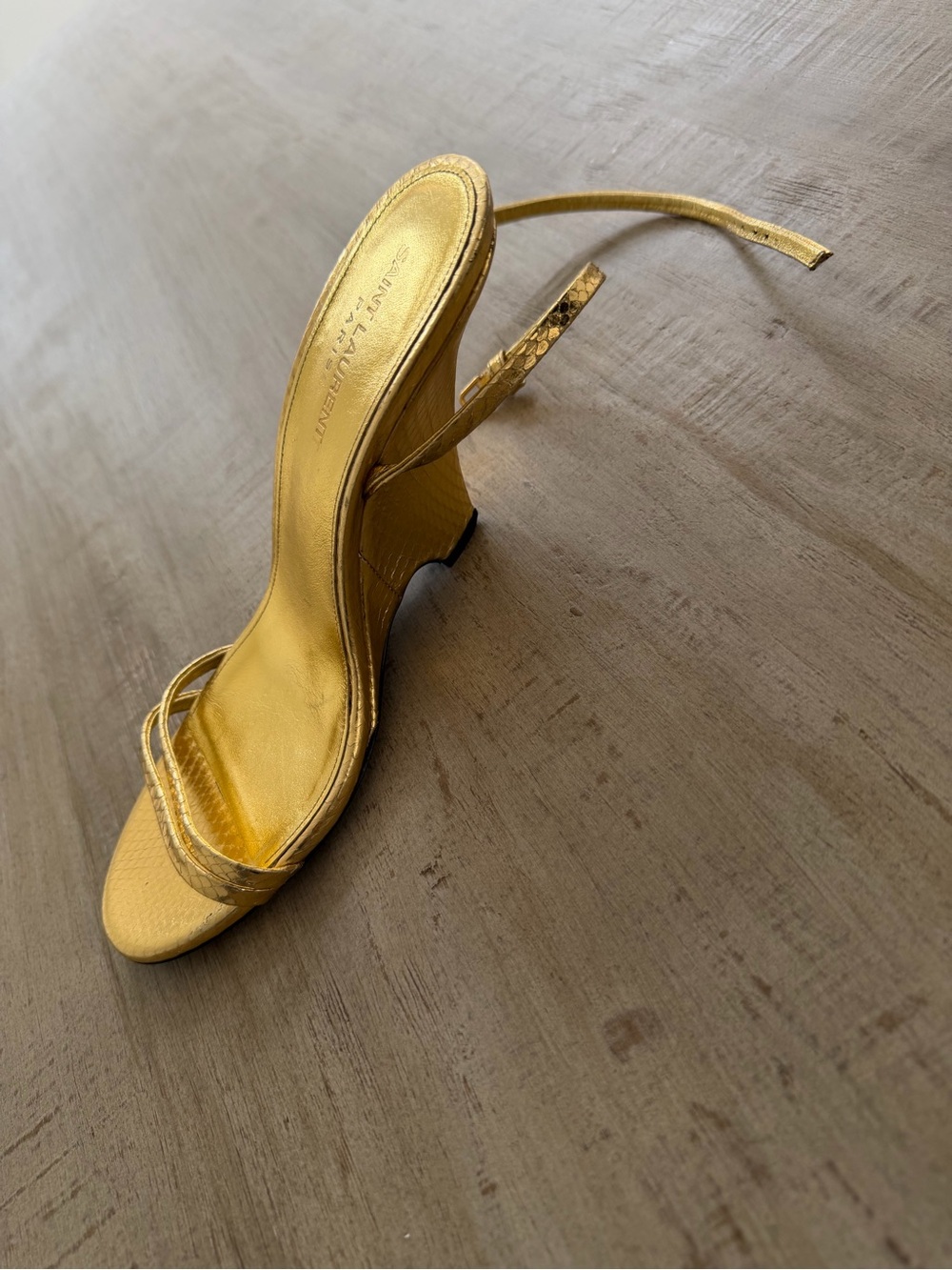 Almost New - Saint Laurent Metallic Gold Strappy Slide Sandals Heel Wedges - Picture 6 of 6